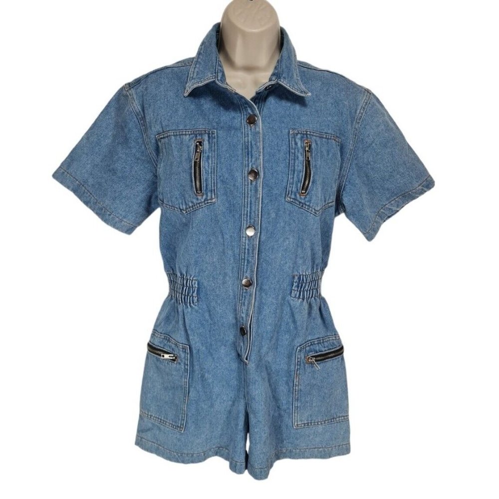 International Women Junior Size 13/14 Short Romper Button Up Blue Denim   190P